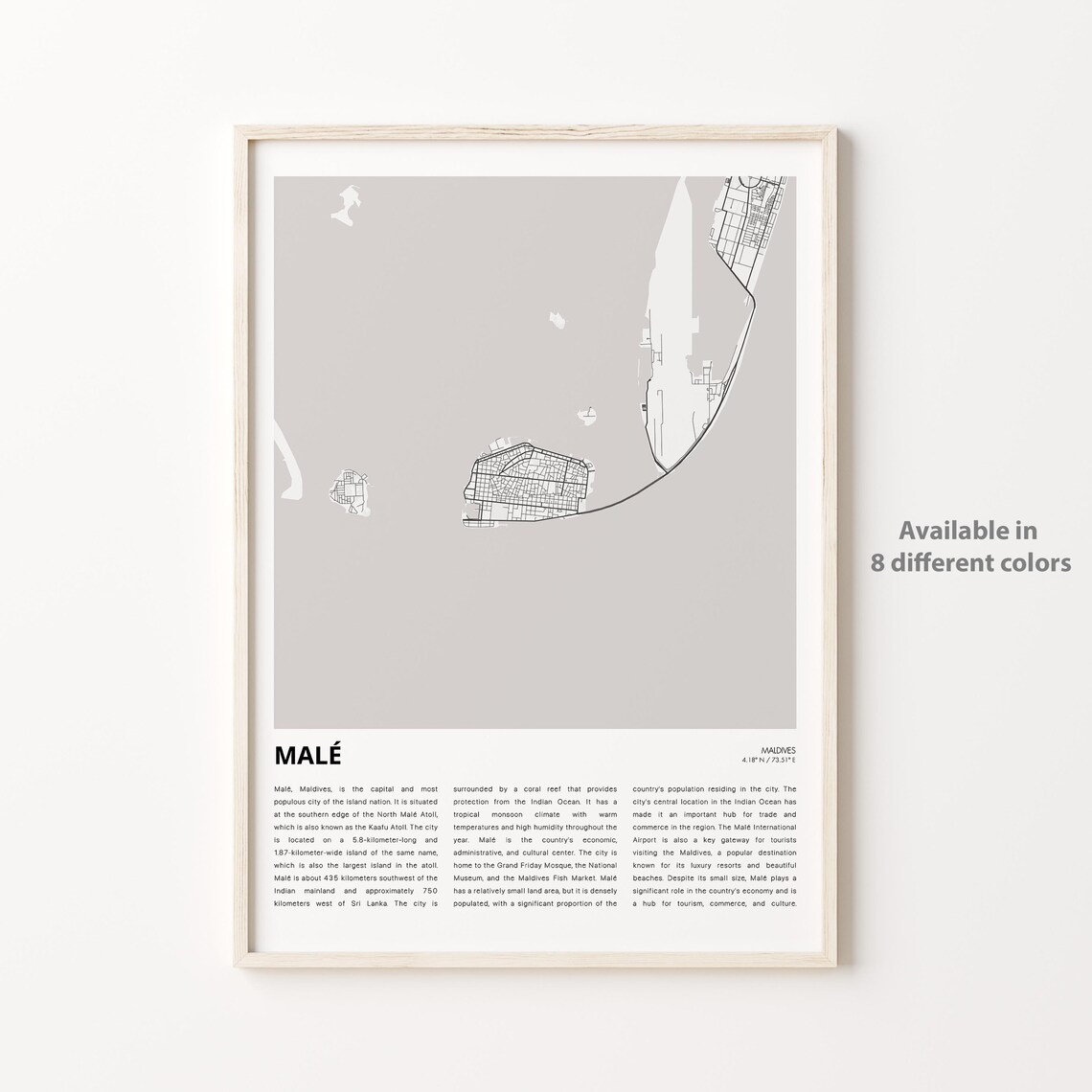 Male Maldives Minimalist Black and White Island Map Wall Art