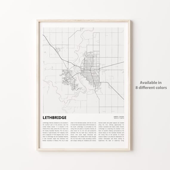 Lethbridge Map Print Travel Wall Decor Art Alberta Housewarming Gift