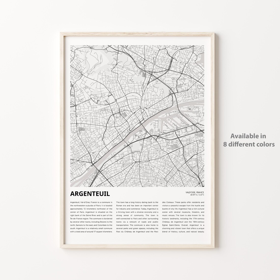 Argenteuil France Seine Riverside Black and White City Map Poster