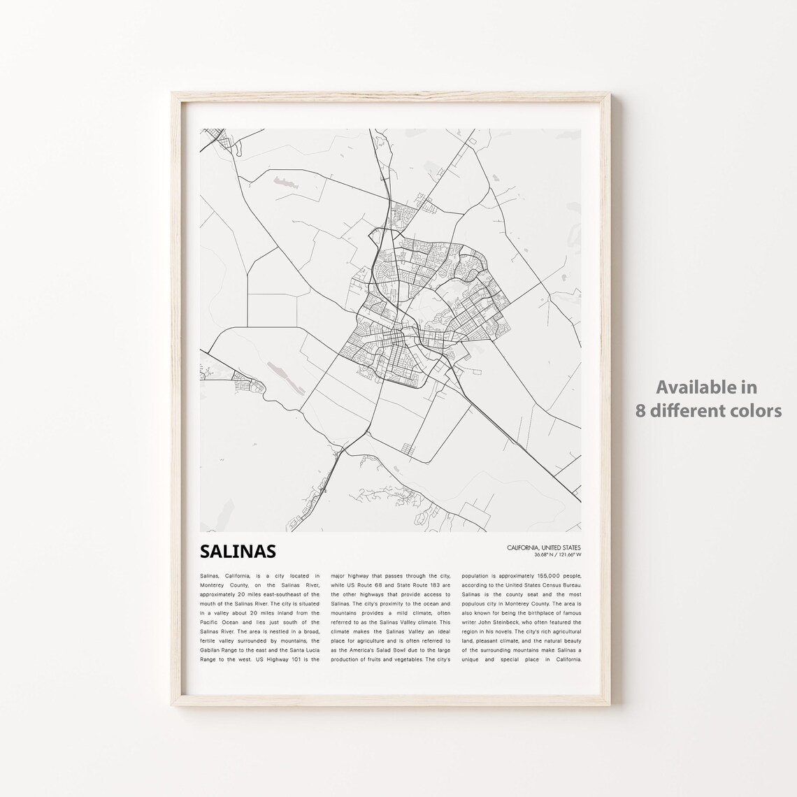 Salinas California Minimalist City Map Monochrome Travel Poster