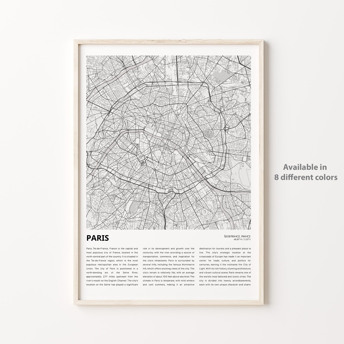 Paris France Minimalist Black and White City Street Map Poster