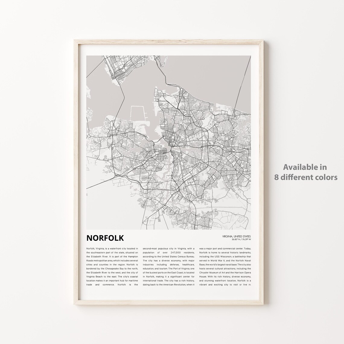 Norfolk Map Travel Poster, Virginia Wall Decor