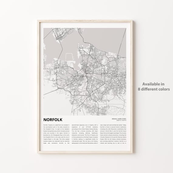 Norfolk Map Travel Poster, Virginia Wall Decor