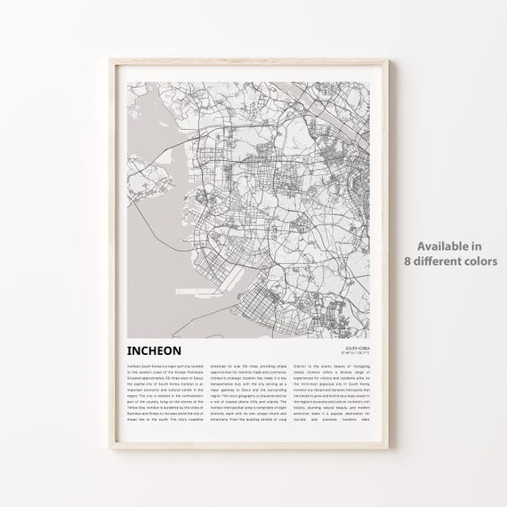 Incheon Map Print Travel Wall Decor Art Housewarming Gift