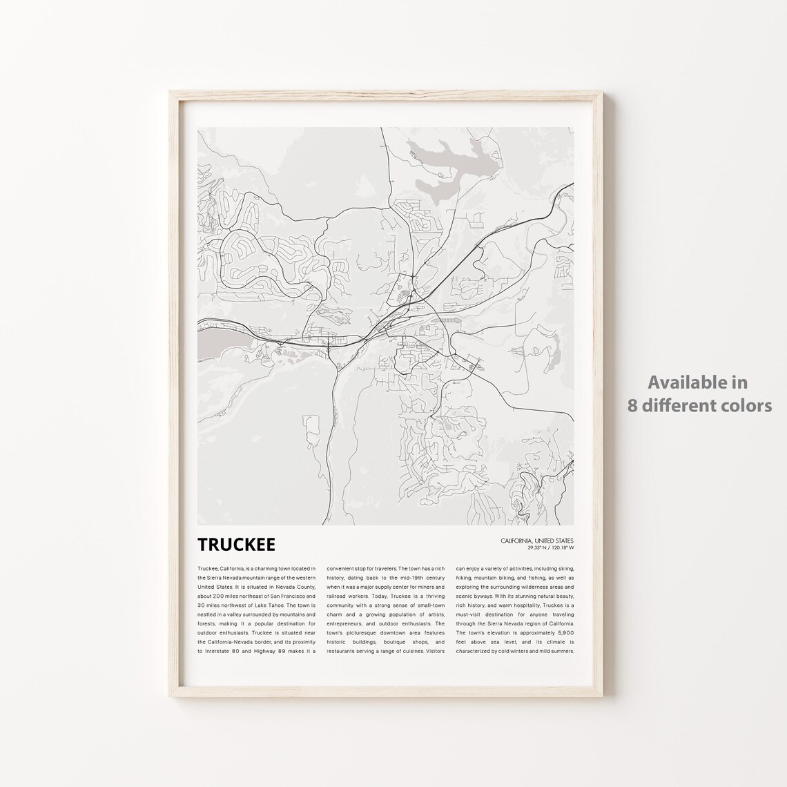Truckee California Minimalist Mountain Town Map Poster For Decor