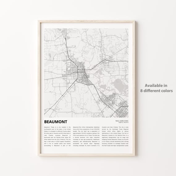 Beaumont Map Print Travel Wall Decor Art Texas Housewarming Gift Personalized Poster