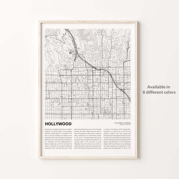 Hollywood Map Print Travel Wall Decor Art Housewarming Gift