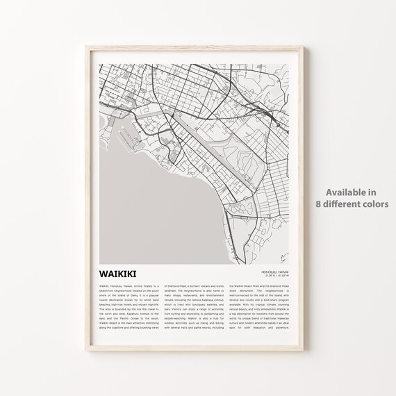 Waikiki Honolulu Hawaii Minimalist City Map Monochrome Travel Poster