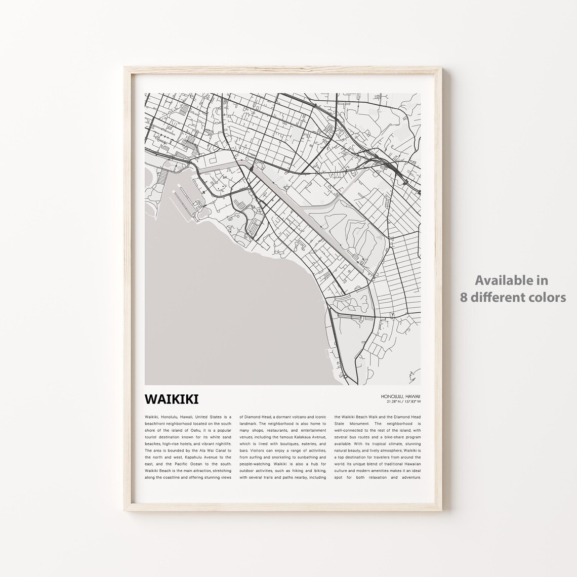 Waikiki Honolulu Hawaii Minimalist City Map Monochrome Travel Poster