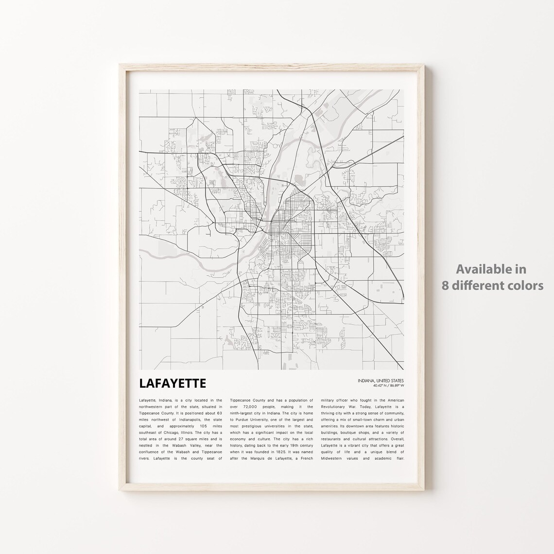 Minimalist Black and White Lafayette Indiana City Map Wall Poster