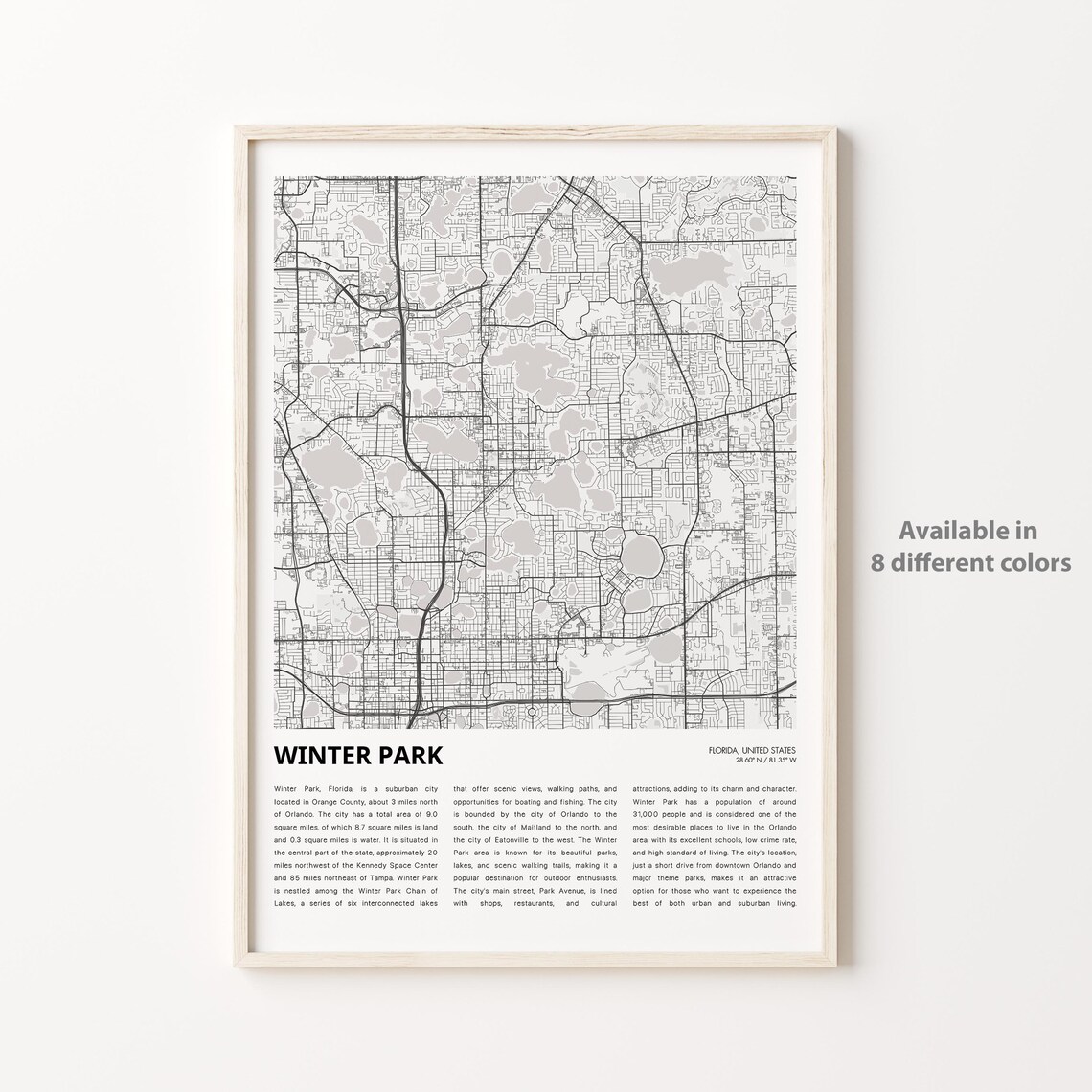Winter Park Florida Lakeside City Map Monochrome Travel Wall Poster