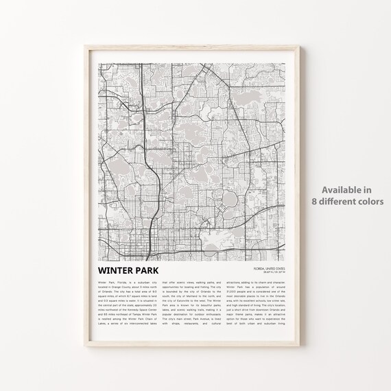 Winter Park Florida Lakeside City Map Monochrome Travel Wall Poster