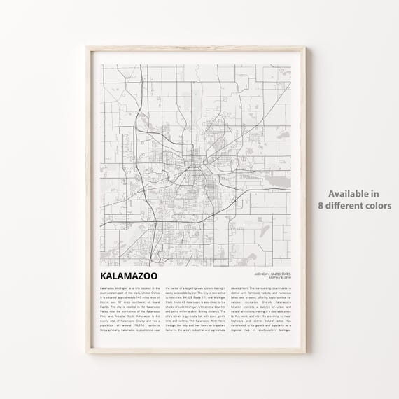 Kalamazoo Map Print Travel Wall Decor Art Michigan Housewarming Gift