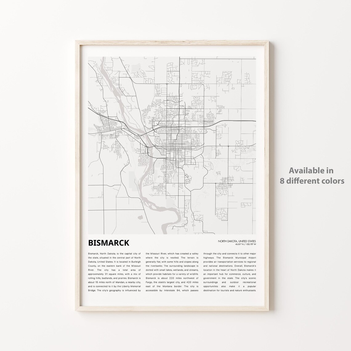 Bismarck North Dakota City Street Map Minimalist Travel Wall Art