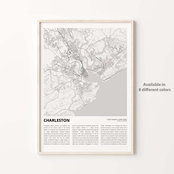Charleston Map Print Travel Wall Decor Art South Carolina Housewarming Gift