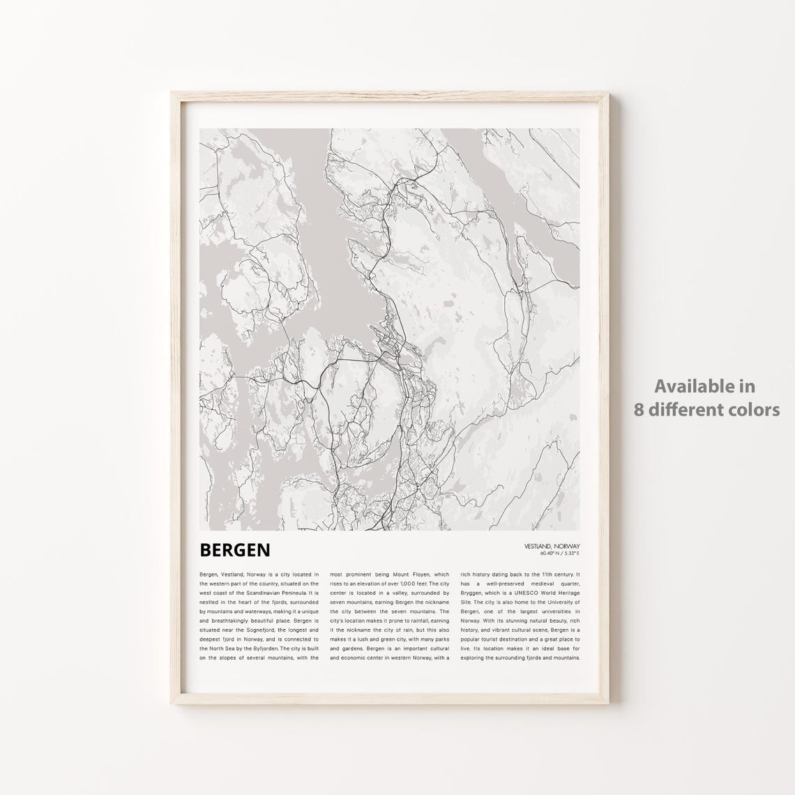Bergen Map Print Travel Wall Decor Art Vestland Housewarming Gift