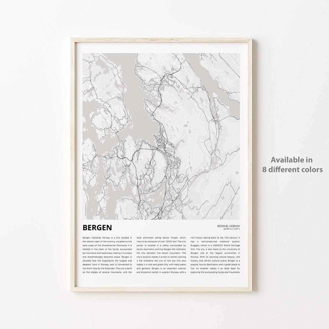 Bergen Norway Minimalist Street Map Poster with City Description
