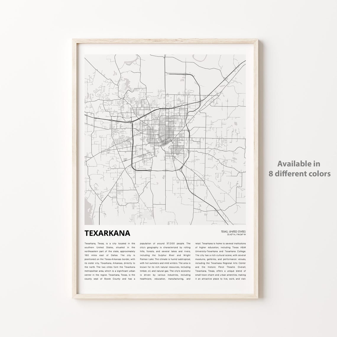 Texarkana Texas Minimalist City Street Map Poster for Home Decor