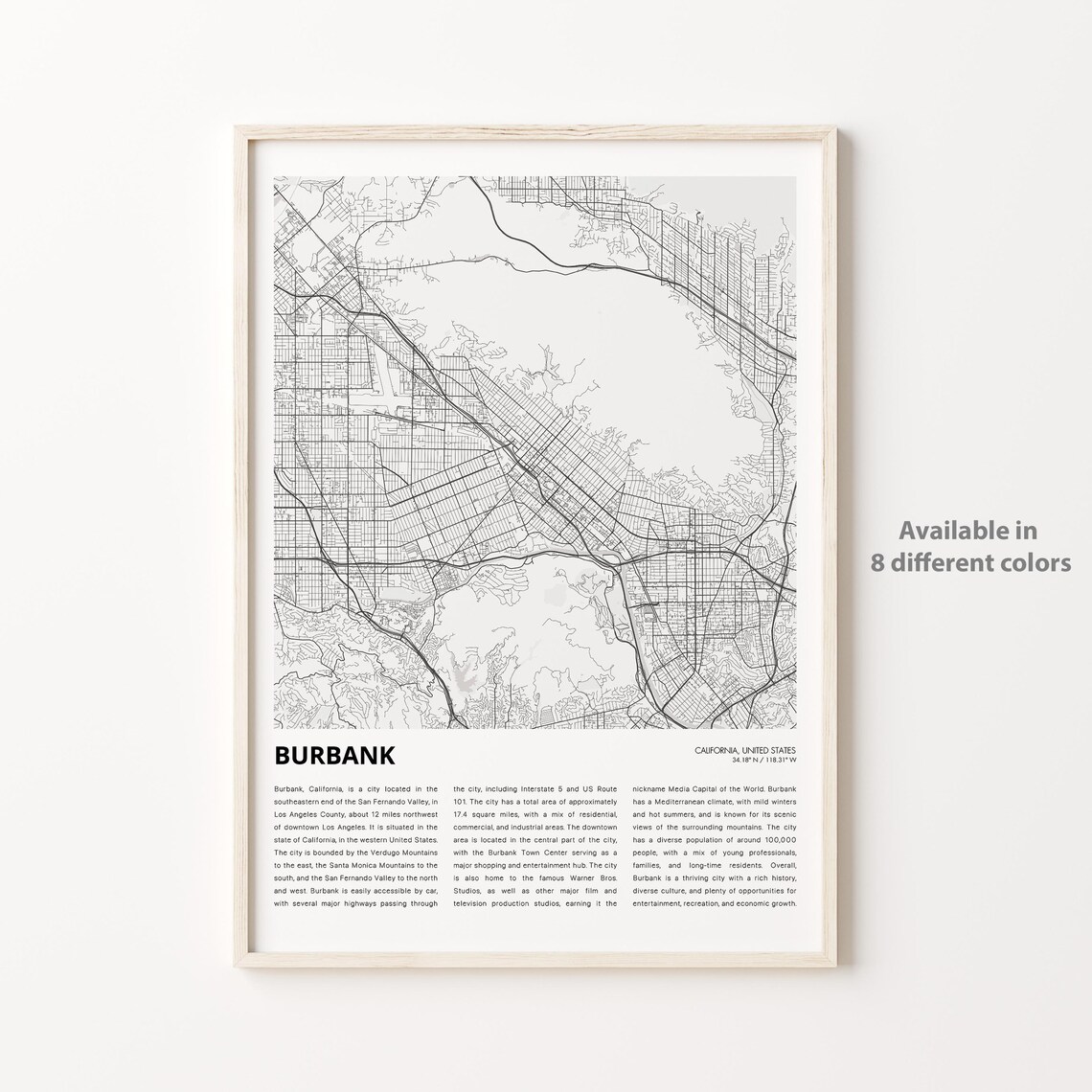 Burbank California Minimalist City Street Map Poster Gift Home