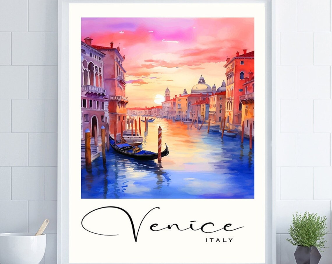 Venice Italy Gondola Canal Pink Sunset Watercolor Travel Poster