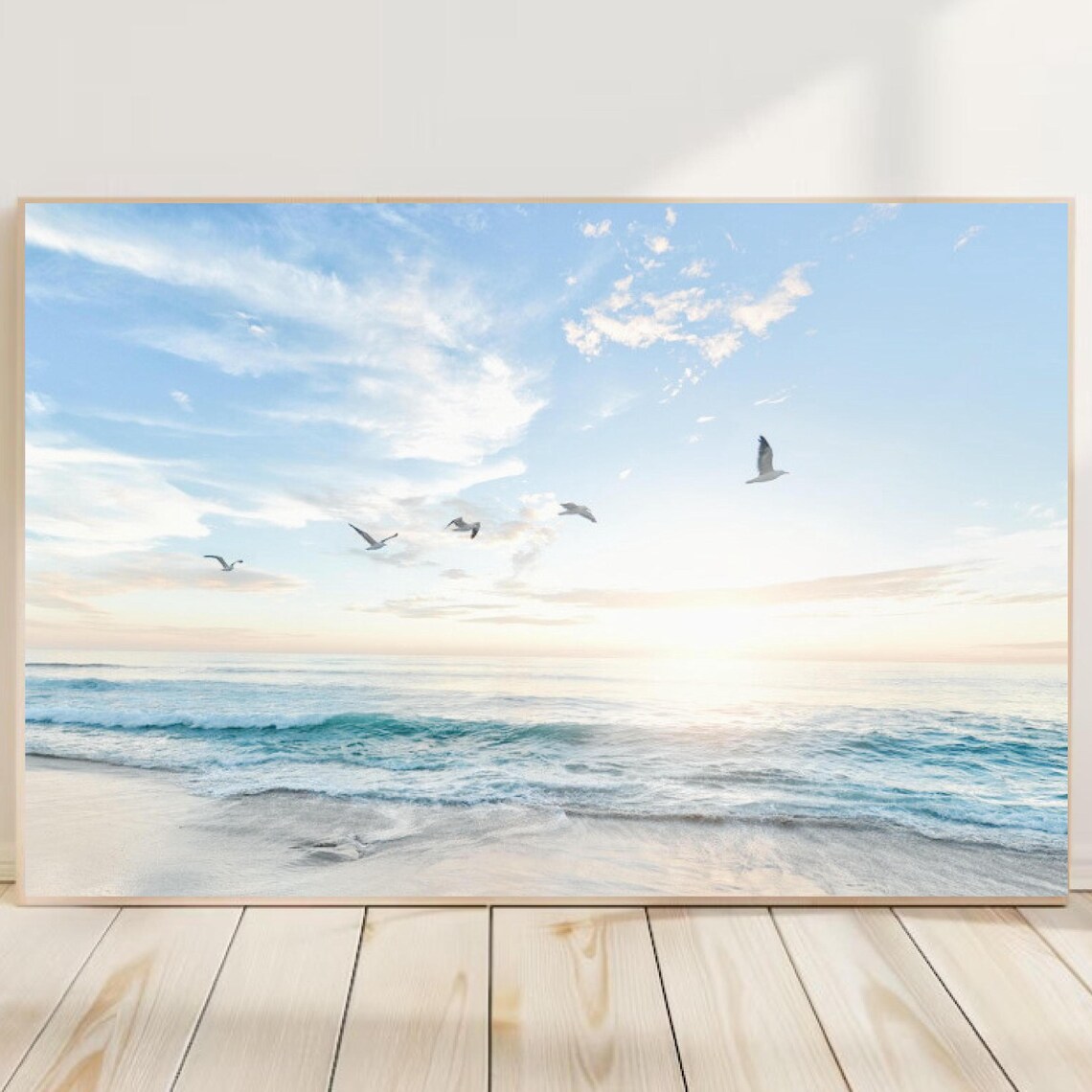 Pastel Ocean Sunset Seagulls Flying Over Beach Waves Photo Poster