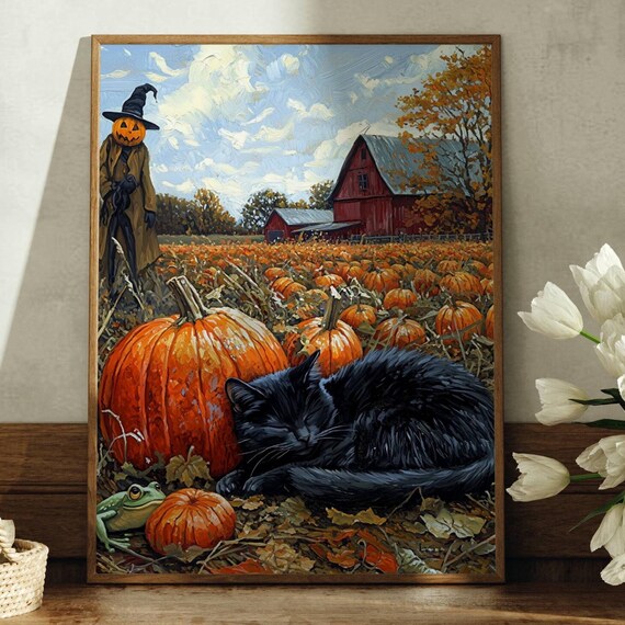 Black Cat Sleeping Among Pumpkins by a Red Barn Halloween Poster