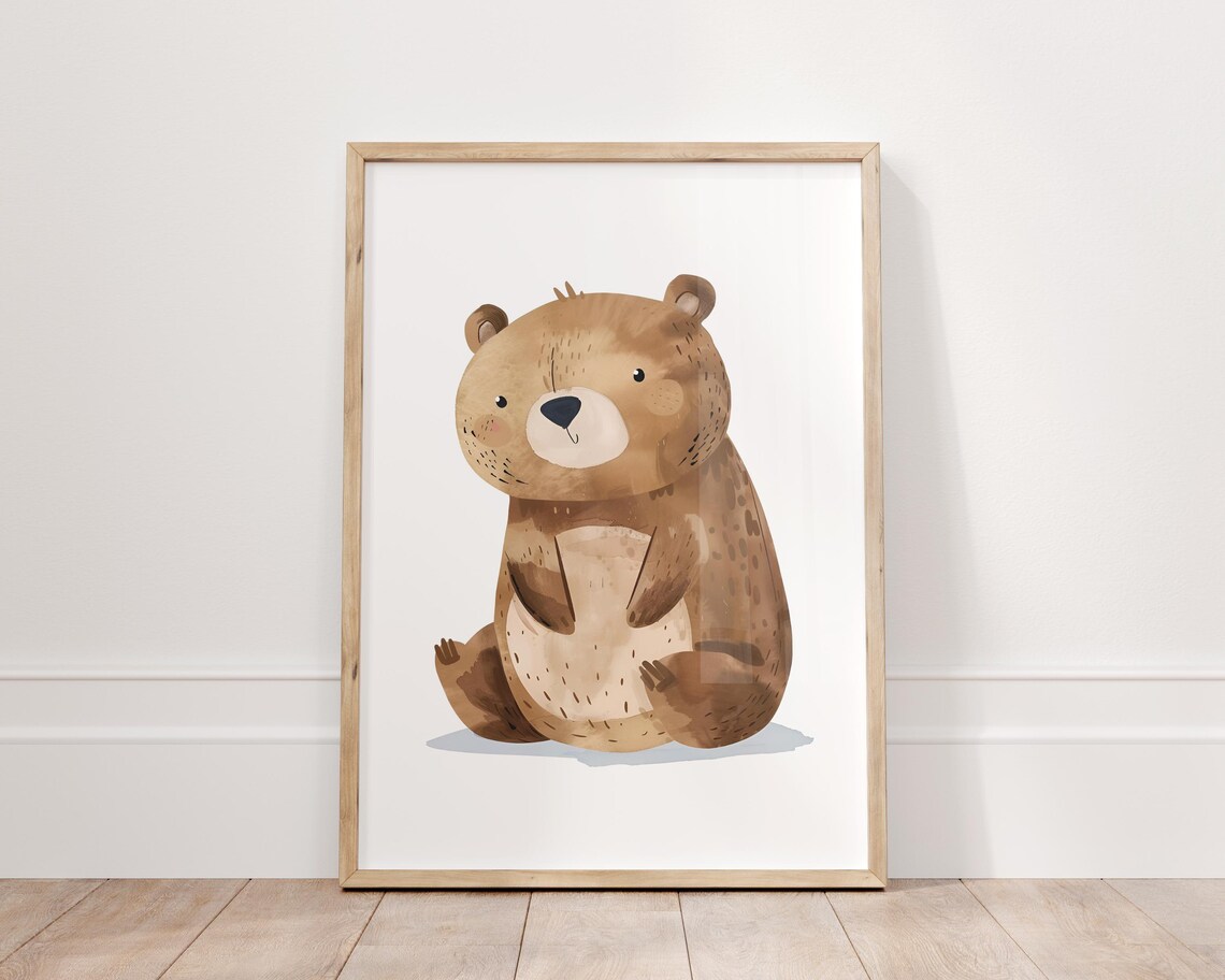 Cute Brown Bear Watercolor Woodland Nursery Room Decor Wall Art