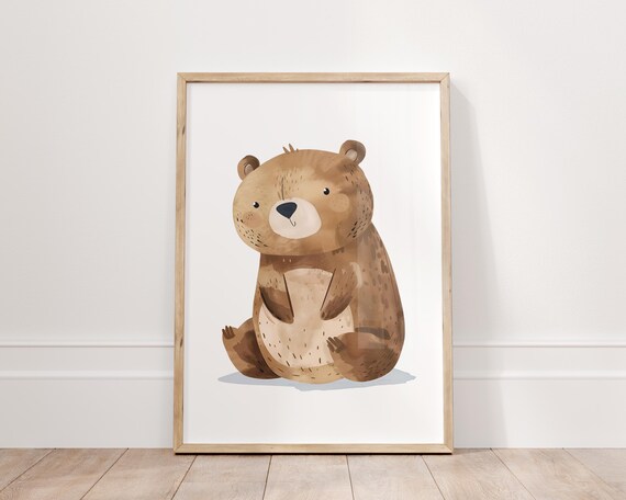 Cute Bear Nursery Art Print Woodland Animal Wall Decor Forest Themed Kids Room Poster Rustic Christmas Gift