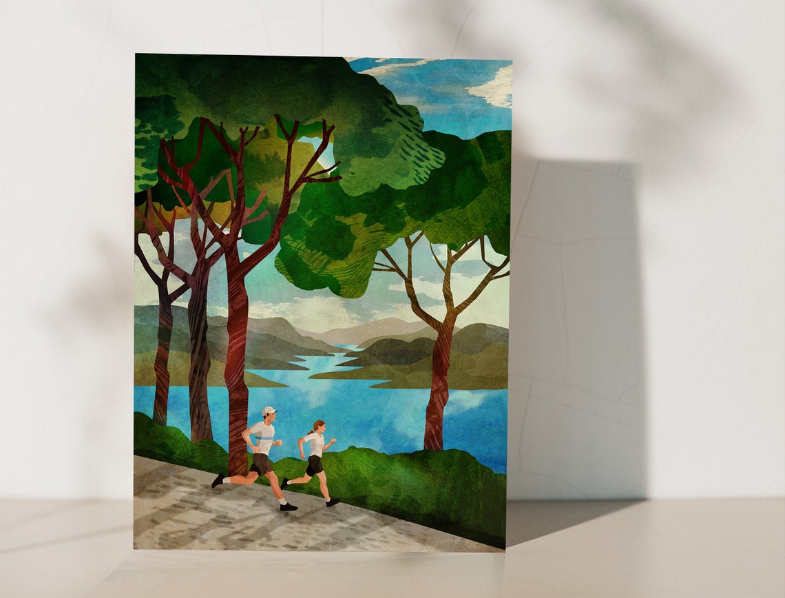 Runners Art Print, Trail Running By The Lake - Image 3