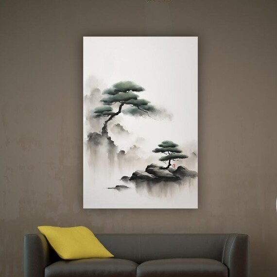 Bonsai Pine Rocks Mist Minimalist Japanese Ink Wash Zen Painting Print