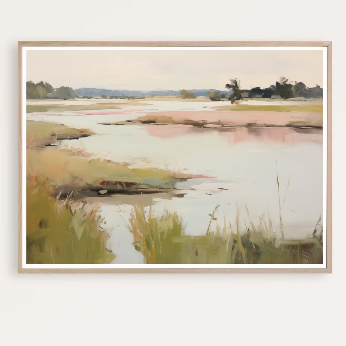 Pink Reflection Marsh Watercolor Landscape Painting Art Poster