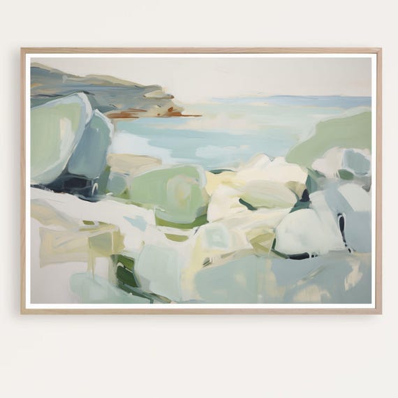Beach Print Rocky Painting Coastal Landscape Ocean Seascape Abstract Wall Artdigital