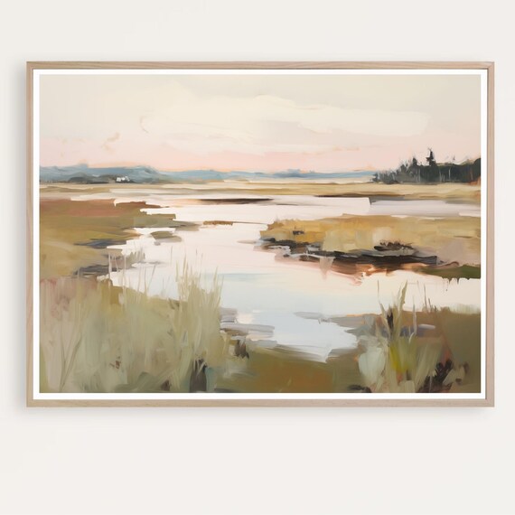 Soft Marsh At Dawn Pink Sky Over Calm Water Painting Art Poster