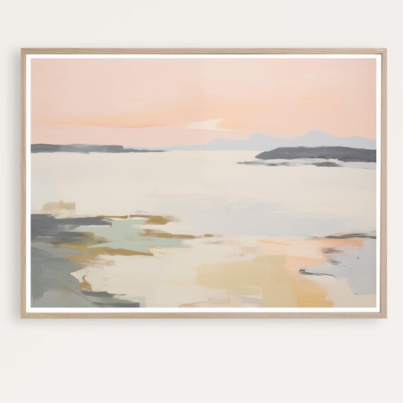 Blush Pink Abstract Sunset Over Calm Sea Coastal Painting Poster