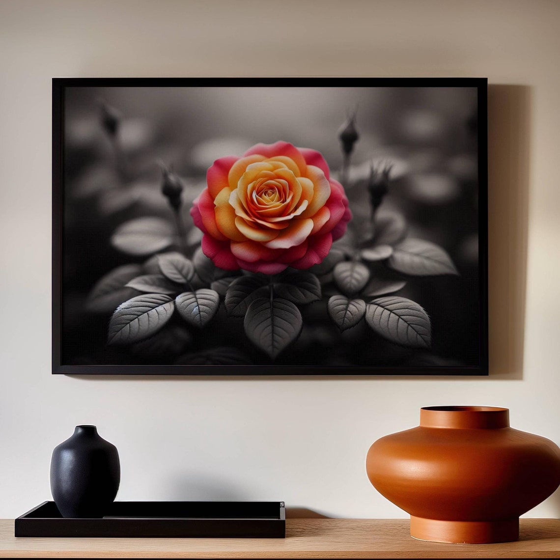 Color Pop Orange Rose Blooming On Black And White Photo Poster - Image 4