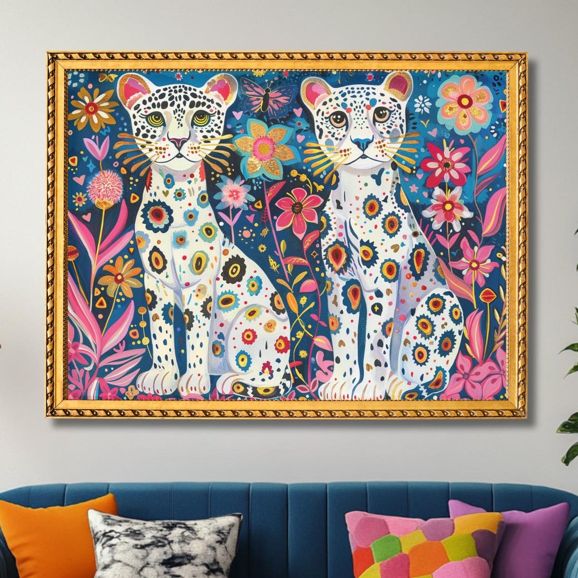 Two Snow Leopards Colorful Folk Flowers Teal Whimsical Art Poster