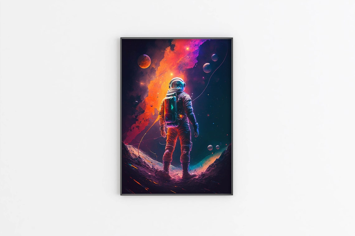 Astronaut on Planet Ridge Orange Nebula Floating Moons Art Poster - Image 2