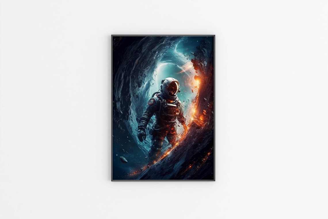 Astronaut Walking Through Cosmic Vortex Ice Fire Space Poster - Image 2