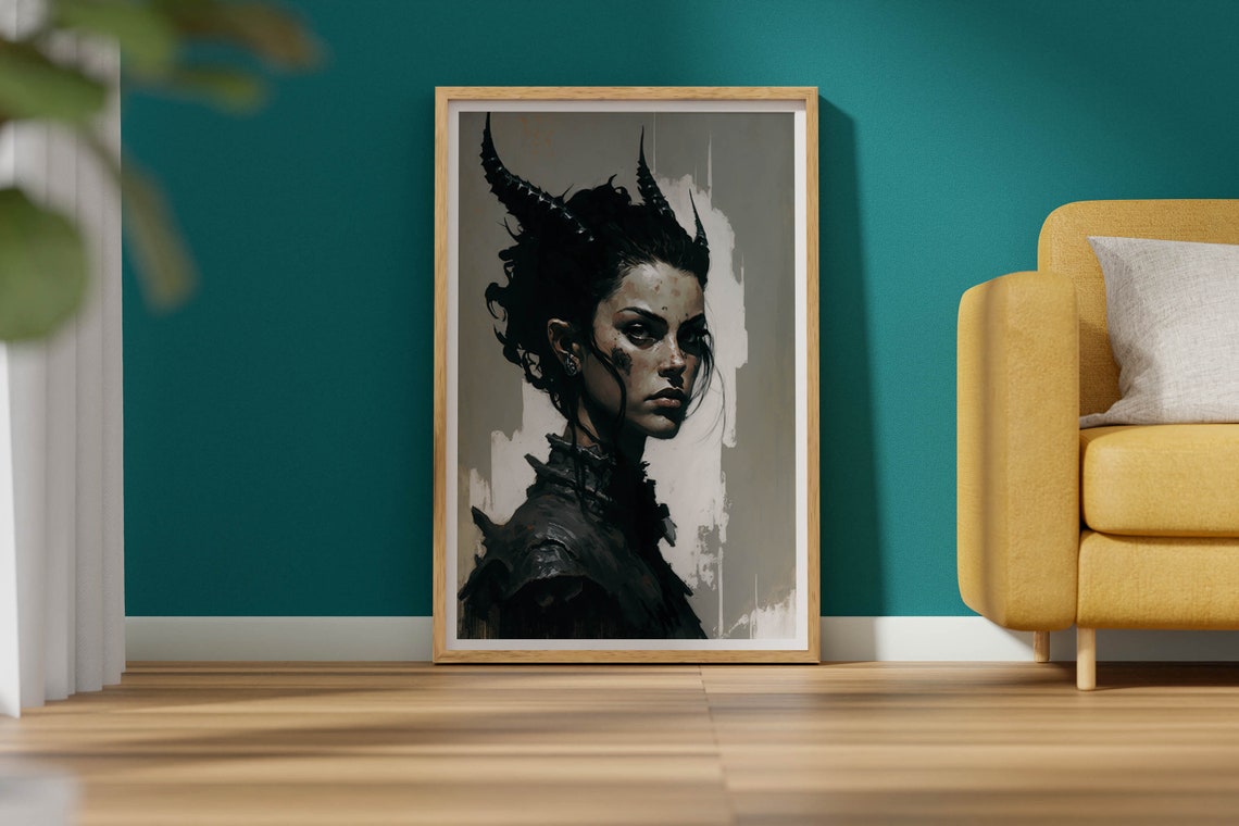 Dark Fantasy Horned Woman Portrait Gothic Demon Queen Art Poster - Image 2