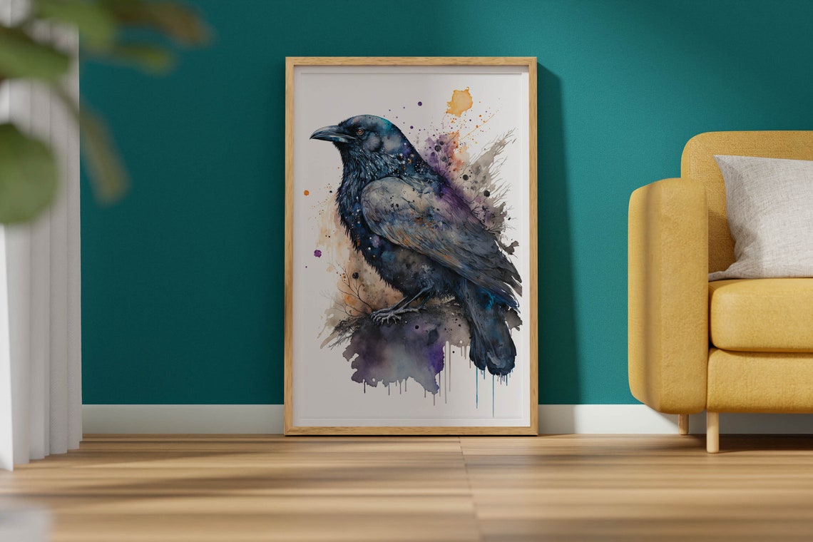 Raven Watercolor Poster Black Bird Paint Splash Gothic Style Art - Image 2