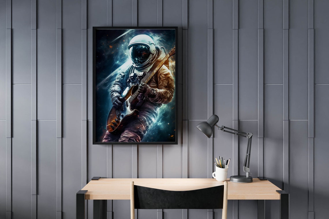 Astronaut Rocking Electric Guitar Against Glowing Nebula Poster - Image 2