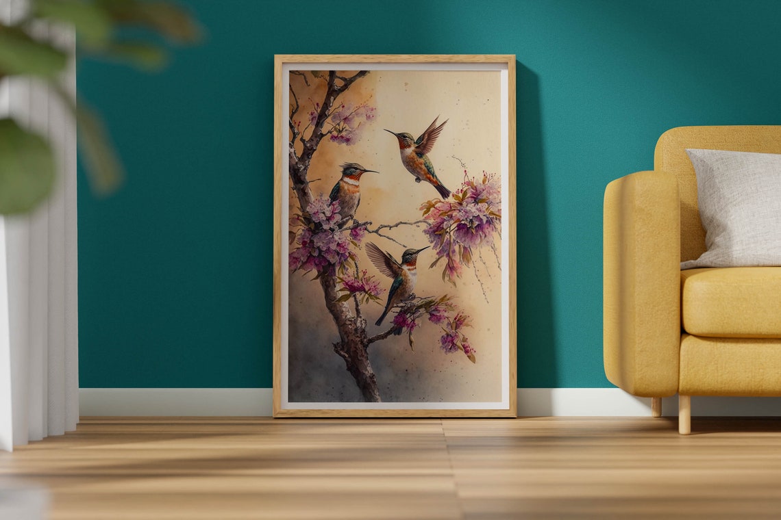 Three Hummingbirds Blossom Branch Golden Warm Watercolor Art Print - Image 2