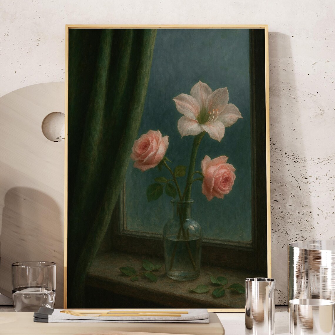 Green And Pink Floral Still Life Wall Art With Roses Lily In Vase Moody Antique Oil Paintings Botanical Vintage Dark Academia Print