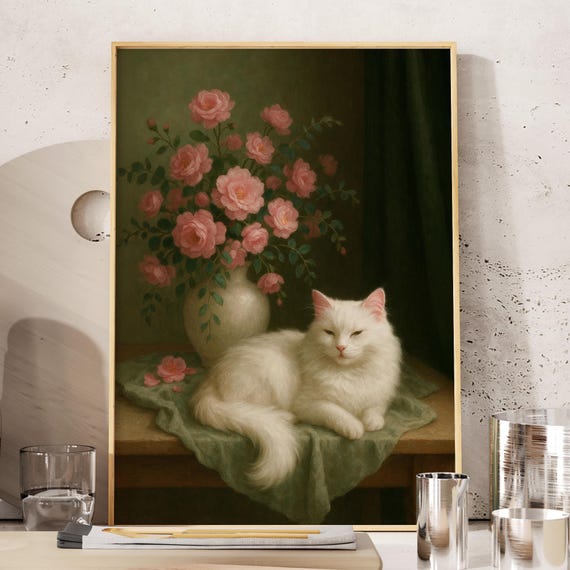 Pink And Green Moody Still Life Wall Art With White Cat Rose Bouquet Vintage Floral Painting Print For Bathroom Gift Lovers