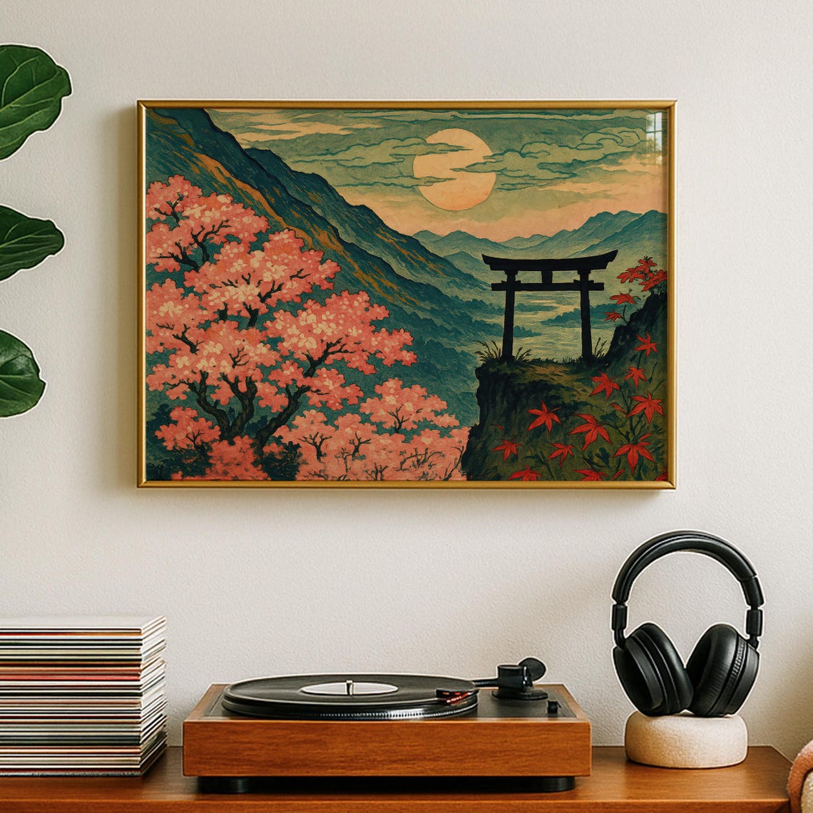 Japanese Moonlit Torii Gate Cherry Blossom Mountain Landscape Poster