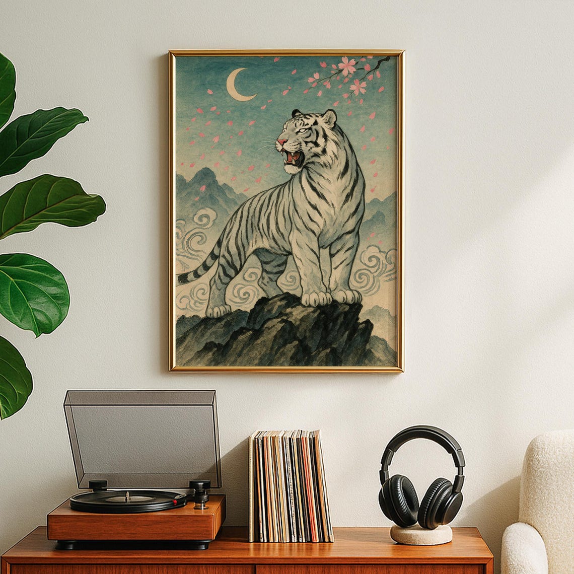 White Tiger Print Japanese Wall Art Traditional Mythology Maximalist Vintage Asian