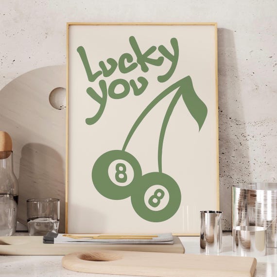 Lucky You Print Preppy Green Home Decor For Apartments And Rooms 8 Ball Cherry Sage Retro Trendy Poster Wall Art