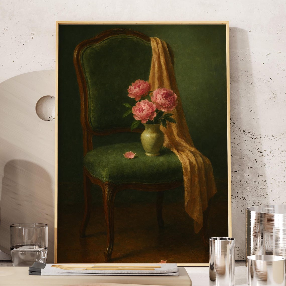 Pink Peony Flower Still Life Prints On Green Chair With Gold Drapery Vintage Floral Art For Living Room Or Bedroom Botanical Oil Painting