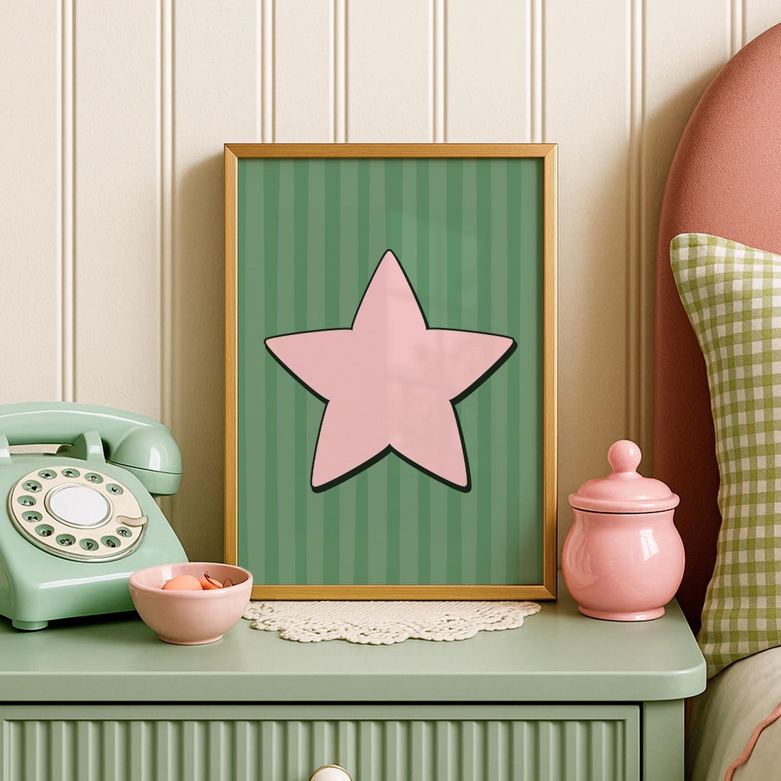 Pink Star Green Striped Preppy Dorm Room Retro Pop Art Poster