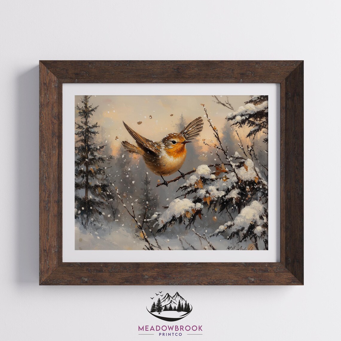 Songbird Taking Flight Over Snowy Winter Forest Branch Bird Poster - Image 2